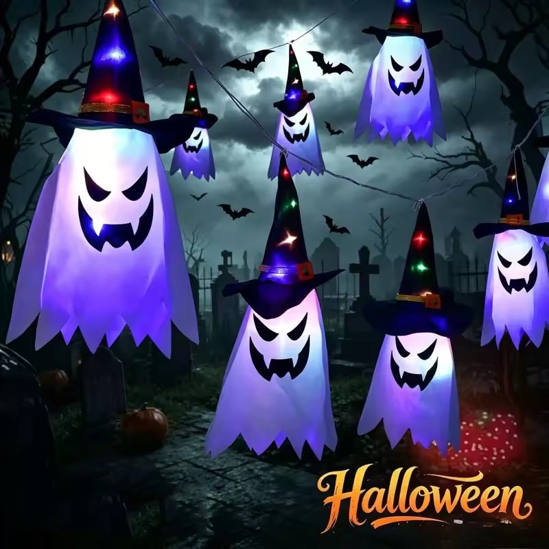 Home Security Yard Sign - Halloween Gloeiende Heksenhoed Lantaarns Hangende Decoratie